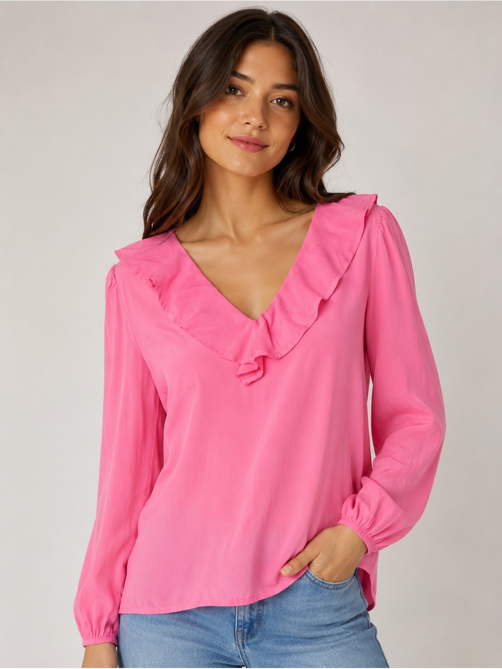 Ann Taylor Pink Ruffle V-Neck Long Sleeve Blouse